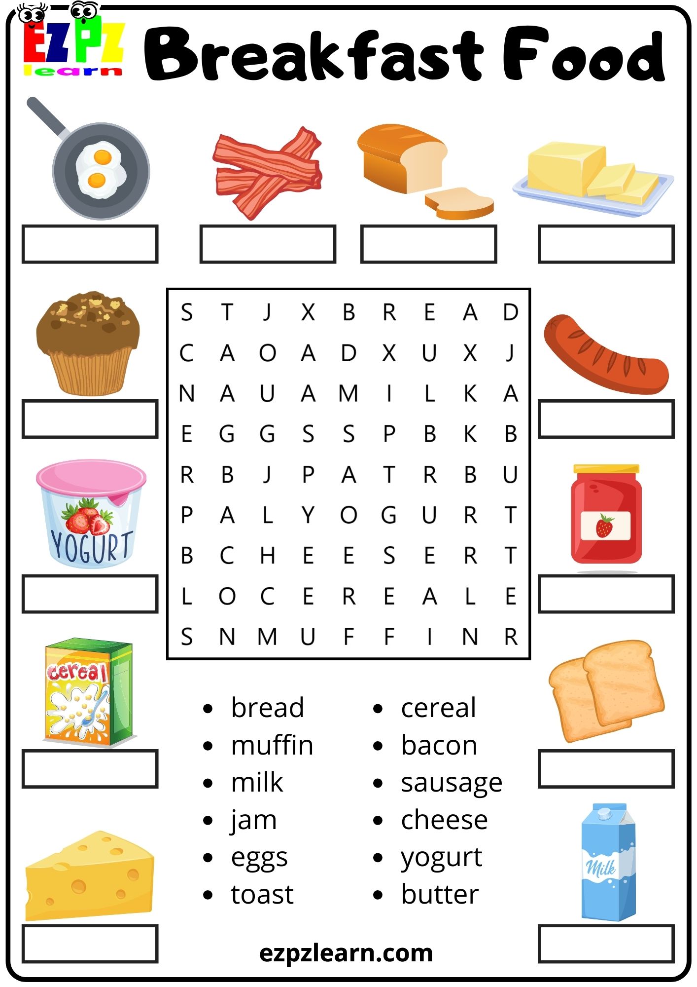 Breakfast Food Vocabulary Word Search and Match the Words Activity for Kids